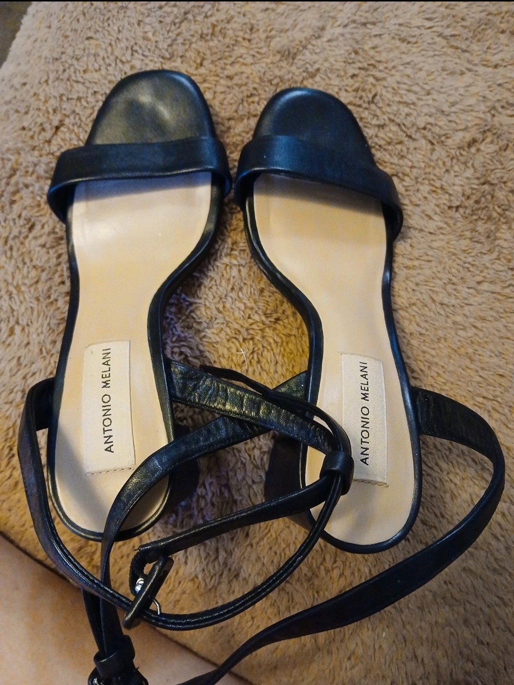 ANTONIO MELANI Black Leather Strappy Flat Sandals